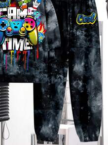 SHEIN Tween Boys 2 件套 - 休闲简约视频游戏印花宽松长袖连帽衫，适合秋冬季