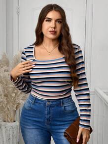 SHEIN LUNE Plus Size Spring Autumn Winter Square Neck Waist Ruched Striped Print Casual Sports Stretch Fitted T-Shirt Tops With Sleeves Travel Outfit Airport Thanksgiving Outfit Holiday Outfit