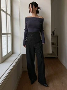 DAZY Spodnie z prostymi nogawkami z cekinami dla kobiet, strój na Nowy Rok, karnawał - Czarne - Zobacz 2