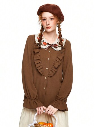 Women Pumpkin Floral Embroidered Blouse