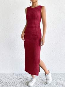 SHEIN EZwear Bộ 2 món váy đỏ cho nữ + áo len cardigan dài - Màu Hoa hồng đỏ - Xem 4