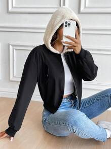 Chiquease Women's Solid Color Long Sleeve Zipper Collared Thermal Lined Hooded Casual Jacket, Autumn Winter Fall Cloth For Women - Black - View 3