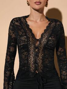 SHEIN BAE Women's Solid Black Long Sleeve Top, Sexy Deep V-Neck, Lace Flared Sleeves, Sheer, Elegant, Romantic, Suitable For Layering, Dates, Parties - Black - View 8