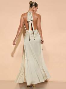 SHEIN BAE Elegante abrikooskleurige satijnen jurk met diepe V-hals en open rug voor dames, geschikt voor feesten, cocktailevenementen, formele gelegenheden, romantische dates en bruidsmeisjesjurken.
