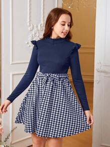 Teen Girls' Casual Flutter Sleeves Colorblock & Houndstooth Pattern Midi Dress, Autumn Winter - Navy Blue - View 3
