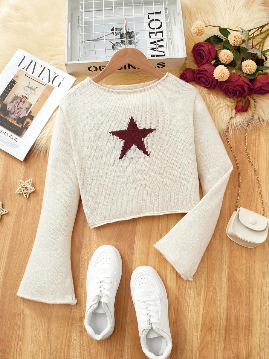 Áo len dệt kim hình sao jacquard dáng rộng thoải mái phong cách cổ điển dành cho bé gái tuổi mới lớn, mùa thu và đông - Màu be - Xem 1