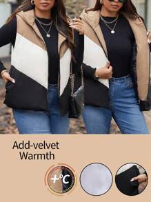 Calvaya Plus Size Color Block Hooded Padded Gilet, For Winter Clothes Jacket Coat - Brown - View 1