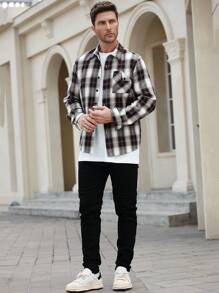 Manfinity Homme Men's Casual Loose Fit Letter Print Plaid Long Sleeve Shirt, Spring Autumn - Multicolor - View 6