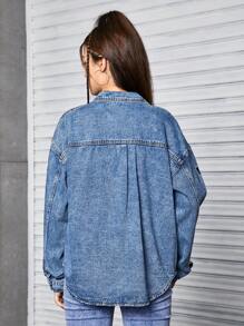 Cute 3D Butterfly Embroidered Denim Loose Long Sleeve Shirt For Teen Girls - Medium Wash - View 2