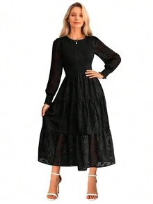 BTFBM 提花燈籠袖打褶荷葉邊洋裝 - 黑色 - 查看 1