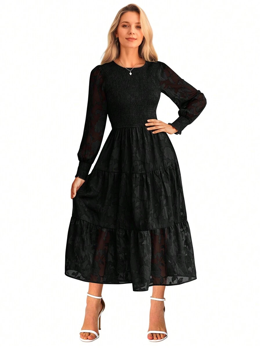 BTFBM 提花燈籠袖打褶荷葉邊洋裝 - 黑色 - 查看 1