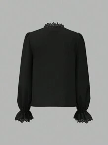 Vintamour 复古优雅女式衬衫，蕾丝拼接，V 领，长喇叭袖，荷叶边下摆和精致的珍珠纽扣，非常适合工作返校服装秋装女式衬衫秋季上衣秋季服装教师服装冬季女士复古服装白色长袖衬衫纽扣衬衫长袖上衣长袖衬衫 - 黑色 - 查看 9