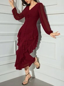 Modelyn Burgundy Red Women's Solid Color V-Neck Long Sleeve Front Button Minimalist Ruffle Trim Dress