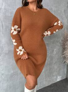 SHEIN LUNE 加大码落肩袖花卉刺绣宽松毛衣连衣裙商务休闲女士、度假装、乡村上衣，适合冬季