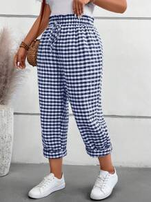 SHEIN VCAY 大码波西米亚风蕾丝前系带简约格子图案休闲长裤，适合夏季 - 藏蓝色 - 查看 1