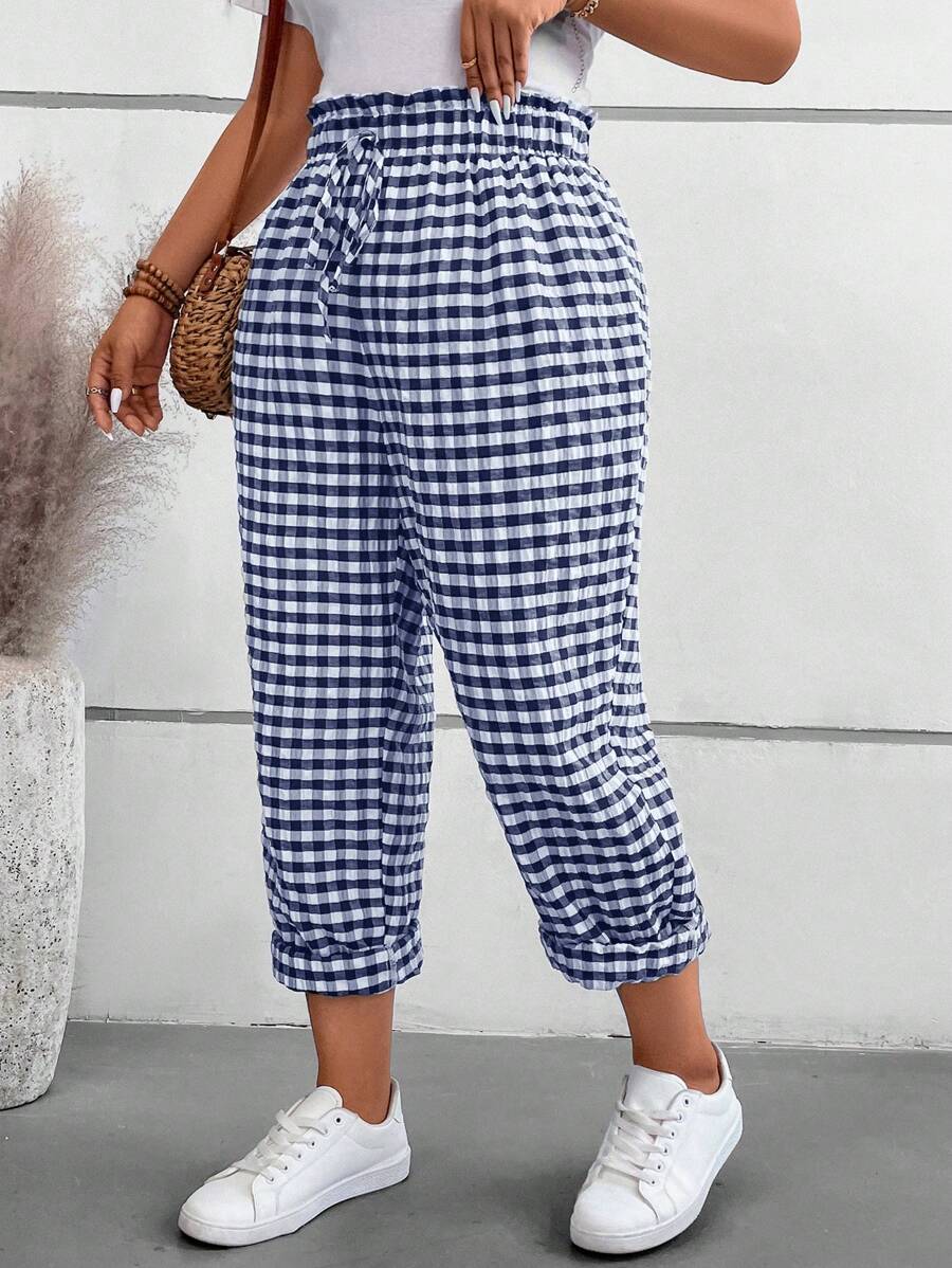 SHEIN VCAY 大码波西米亚风蕾丝前系带简约格子图案休闲长裤，适合夏季 - 藏蓝色 - 查看 1