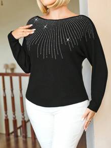 Plus Size Women Brick Print Black Pullover Sweater, Christmas - Black - View 6