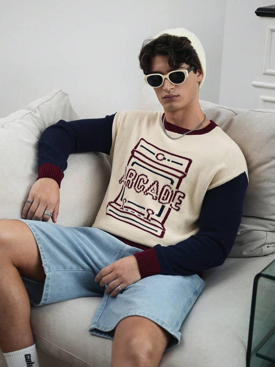 Manfinity Hypemode Men's Autumn/Winter Letter Pattern Round Neck Contrast Color Casual Sweater - Multicolor - View 1