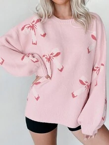 女士情人节休闲蝴蝶图案圆领落肩毛衣，秋冬季，长袖新年上衣粉色