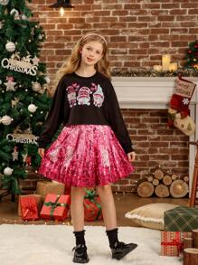 طقم فتيات تويني 2قطعة، ملابس علوية بأكمام طويلة ياقة مستديرة مزين بترتر وتنورة كاجوال بسيطة - متعدد الألوان - مشاهدة 5