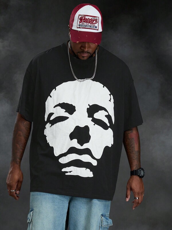 Manfinity VCAY Camiseta de manga corta con hombros caídos y estampado gráfico para hombres de talla grande, ropa urbana de calle