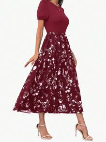 SHEIN Clasi 女式纯色拼布圆领短袖褶皱休闲连衣裙新年服装长款女装 - 紅色 - 查看 4