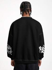 Manfinity VCAY Men's Loose Fit Round Neck Long Sleeve Letter Print Knit Sweatshirt, For Fall Winter - Black - View 4