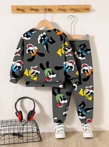 SHEIN Leap Crew 2pcs Set Young Boy Casual Loose Rabbit Cartoon Print Sweatshirt & Pants, Suitable For Summer - Multicolor - View 2