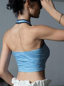 INAWLY Women's Fashionable Backless Strap, Striped & Numeric Print, Fitted Camisole - Multicolor - View 2