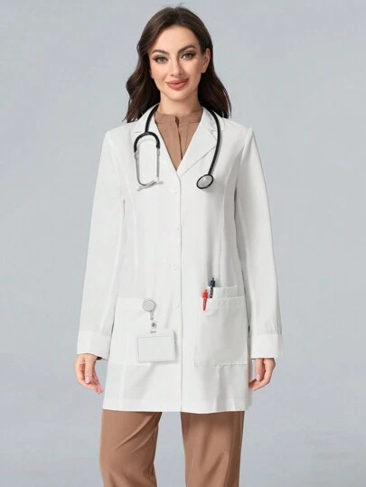 TaskEZ Front Button Closure Long Sleeve Pocket Lab Coat/White  Coat