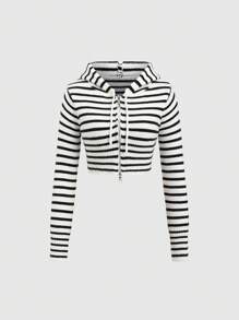 SHEIN X PERLA SHEIN Unity 女士撞色条纹连帽开衫 - 黑與白 - 查看 3