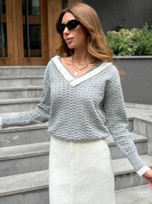 EURMUSE Maglione elegante e carino con scollo a V e dettagli in pizzo per le donne - Grigio - Visualizzare 3