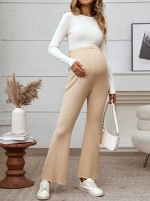 SHEIN Maternity Solid Color Button Rib Knit Casual Pants