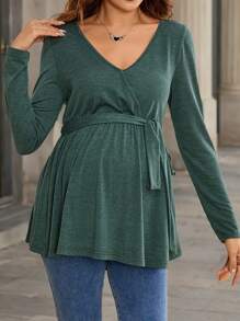 SHEIN Top para maternidad de manga larga de punto de unicolor - verde - Verde - Ver 5