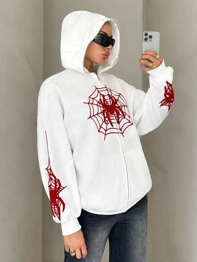 SHEIN ICON Oversized 3D Spider Web Embroidered Fleece Hoodie For Women