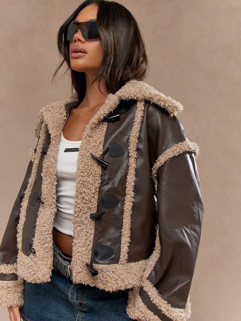 MISSGUIDED Shearling Leather Duffle Toggle Button Coat