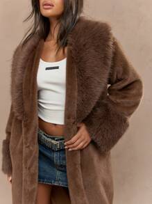 MISSGUIDED 奢华长款毛绒人造毛皮冬季立领外套柔软羊毛泰迪超大外套秋季节日派对晚装保暖舒适夹克 - 棕色 - 查看 3