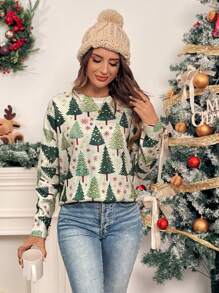 Chiquease Suéter de cuello redondo de manga larga con estampado de árbol de Navidad para mujer, tops de manga larga, jersey de punto para otoño e invierno - Multicolor - Ver 3