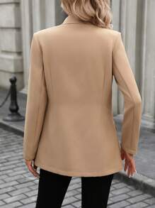SHEIN LUNE Blazer Wanita Kerah Syal Kancing Ganda Musim Gugur/Dingin - Khaki - View 2