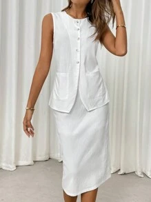 SHEIN LUNE 2 piezas/set Chaleco blanco y falda plisada de estilo francés casual para mujer, otoño/invierno