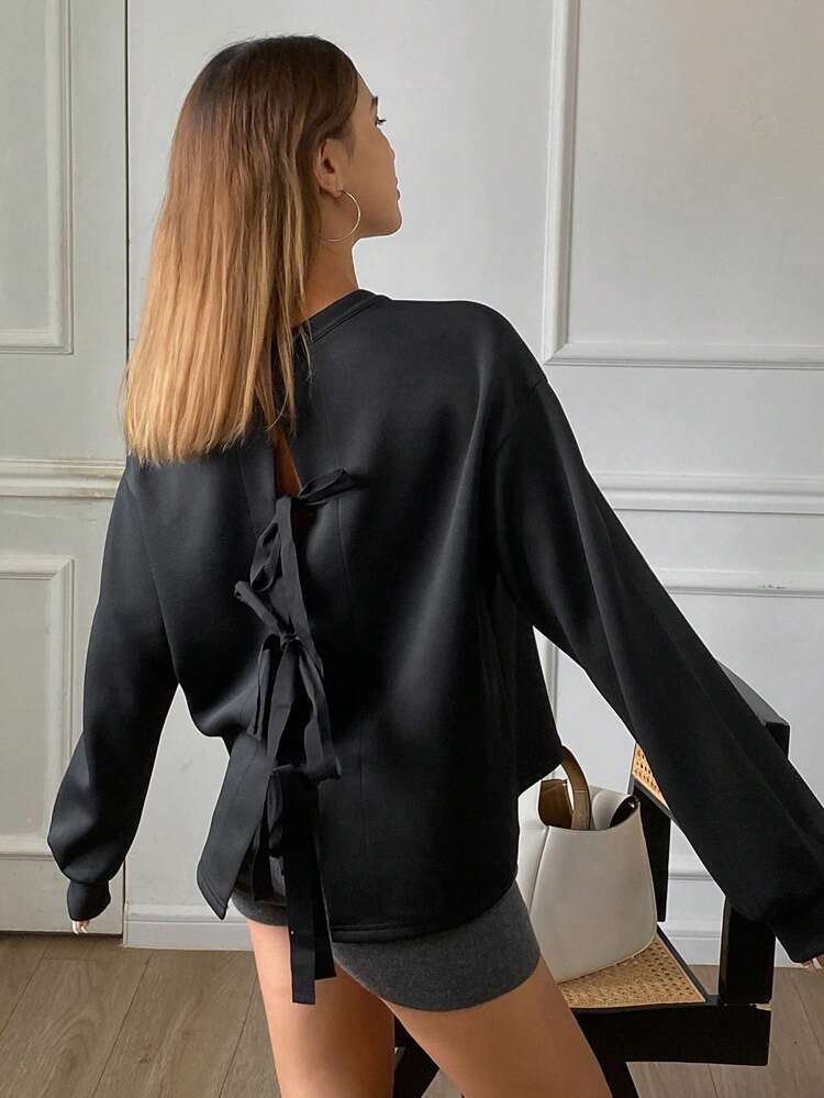 Plain Round Neck Long Sleeve Backless Bow Decor Sweatshirt For Women,Fall Women Clothes