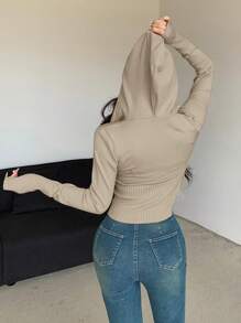 DAZY 女式纯色修身连帽拉链开衫，秋季女装夹克 - 卡其色 - 查看 2