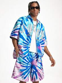 Manfinity NXTstreet Men's Woven Short Sleeve Colorful Letter Print Tie-Dye Style Shirt And Shorts Set - Purple - View 1