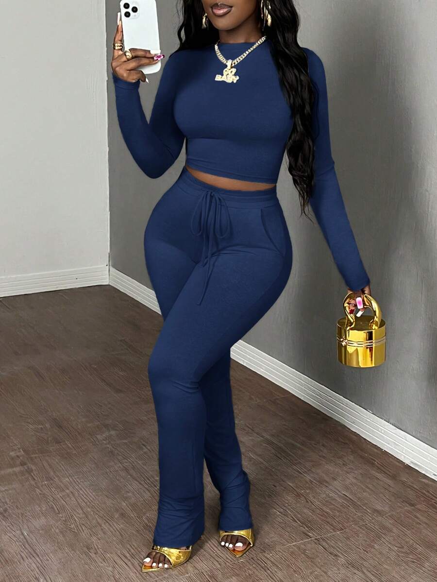 Slaydiva 2 piezas Conjunto informal de mujer de manga larga corta y pantalón deportivo con cordón en la cintura, otoño/invierno