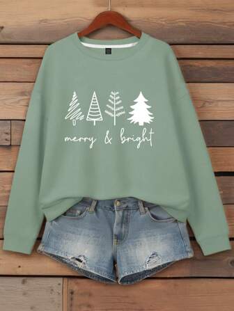 Linhara Women's Merry & Bright Christmas Trees Print Sweatshirt,Long Sleeve Tops Pullover Fall Outfit