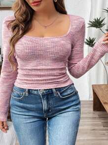 SHEIN LUNE Plus Size Casual Long Sleeve Simple T-Shirt, Daily Wear - Pink - View 1