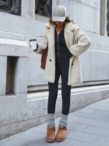 RueChic Casual Style, Faux Fur, Double Button Detailed Overcoat - Beige - View 1