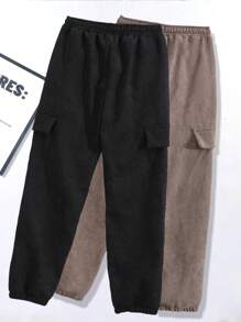 SHEIN 2pcs Tween Boys Casual Ribbed Fabric Pocket Pants Set - Multicolor - View 2