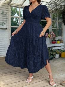 SHEIN Clasi 大码女式 V 领提花镂空优雅连衣裙长款女装 - 藍色 - 查看 6