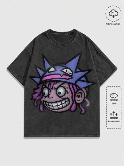 Street Life Herren Lustiges Graffiti-Portrait-Muster Gewaschenem Kurzarm T-Shirt, Sommer